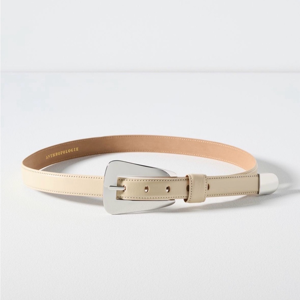 Anthropologie Beige Tailored Western Belt with Silver Buckle, Medium